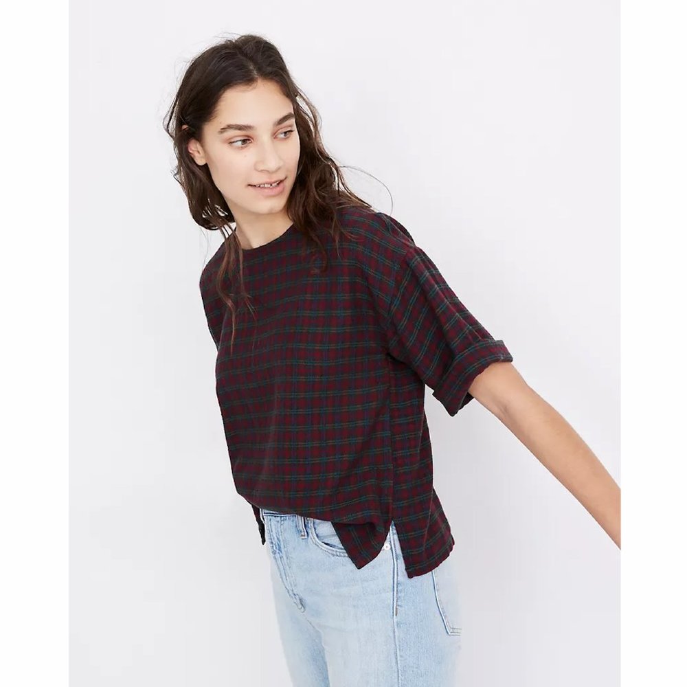 MADEWELL Boxy Tee Textured Cuffed SleeveTop in Plaid XS